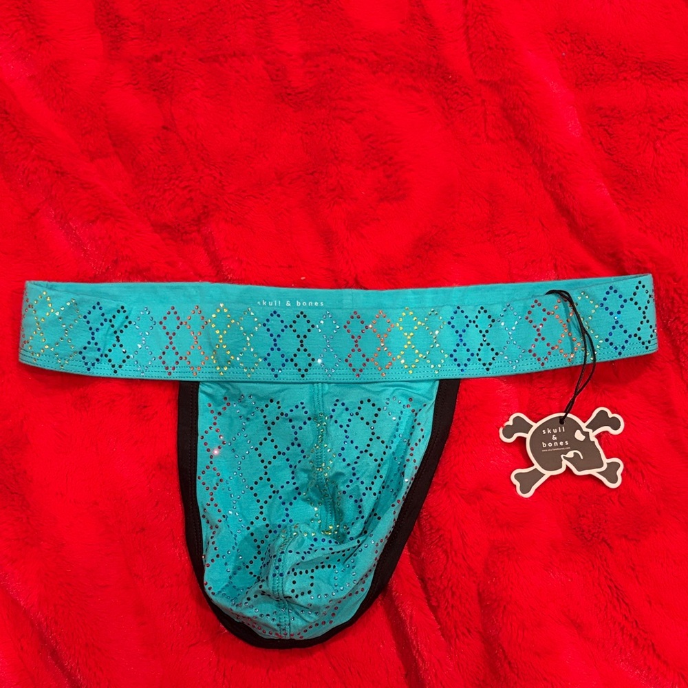🆕 Skull & Bones Rainbow Crystal Thong Turquoise- XL (34-36” waist)